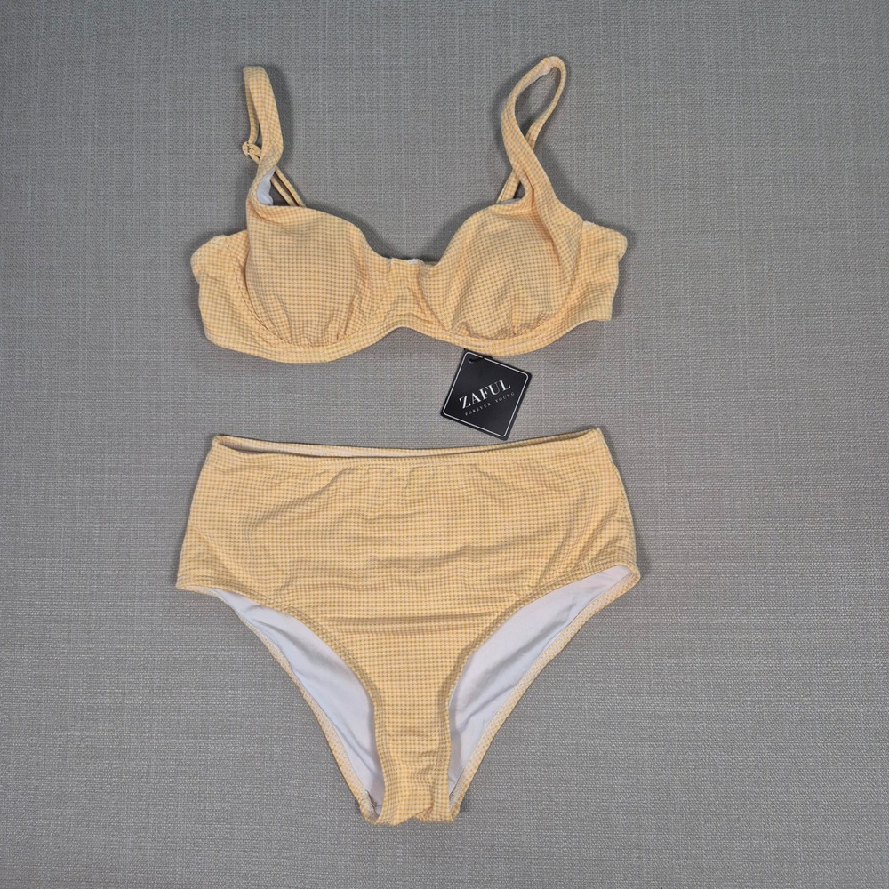 ZAFUL Yellow Gingham Underwire Bikini Set High Waisted Swimsuit Womens Size M